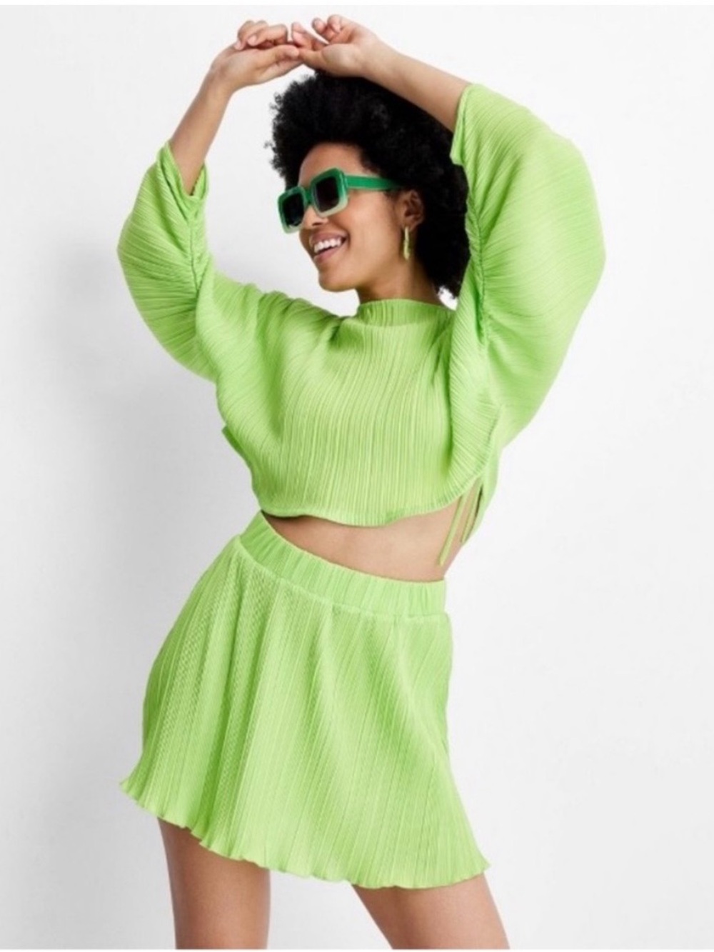 Future collective, Women's Lime Green Pleated skirt SIZE M/ Cropped Top SIZE S